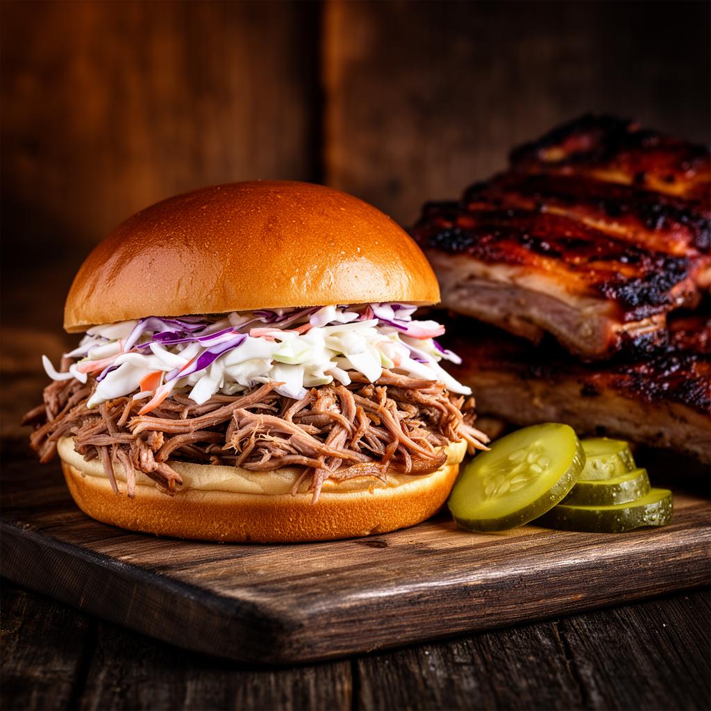 Pulled pork sandwich and ribs